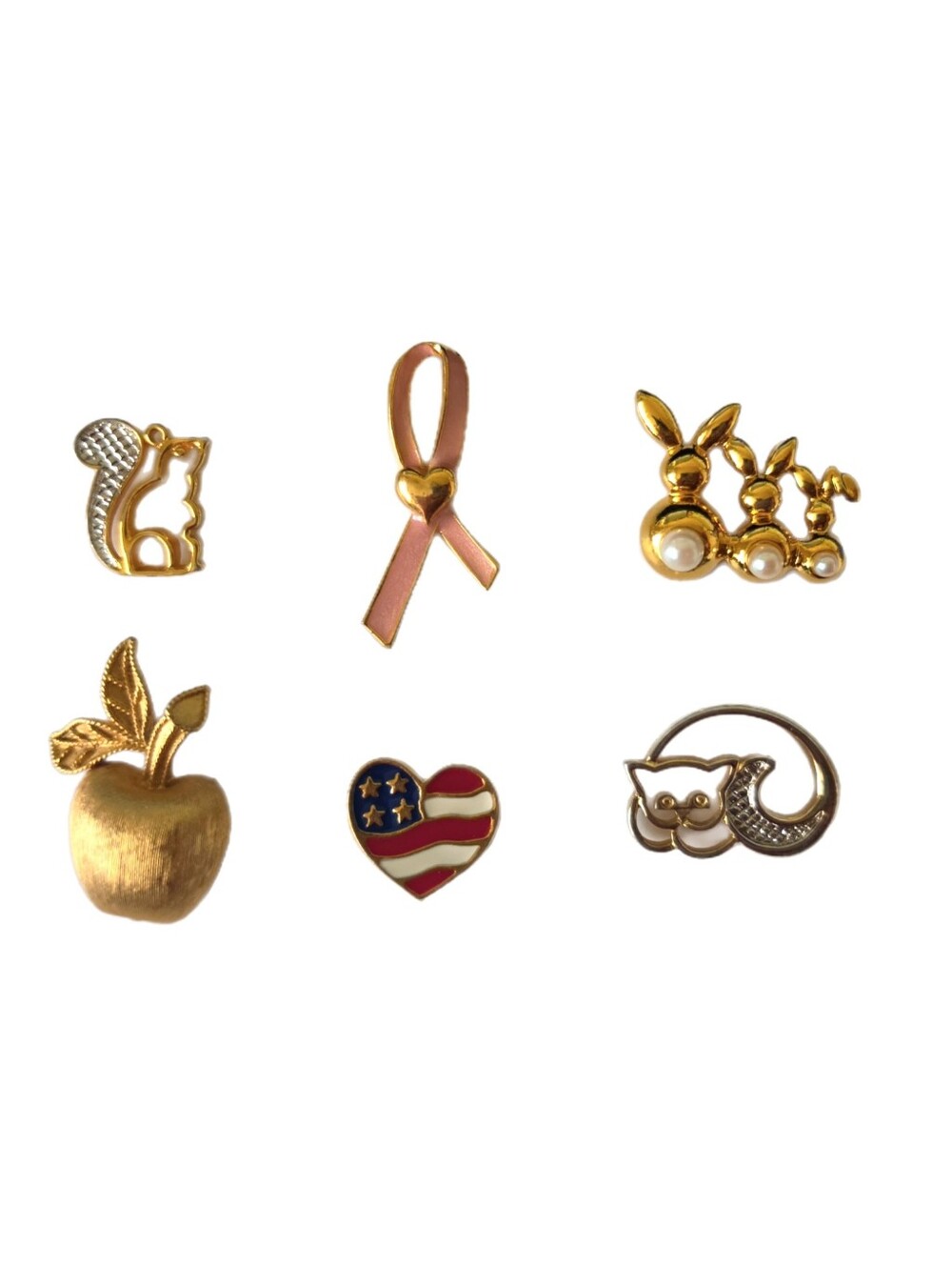 Vintage Avon Pins: Squirrel, Rabbits, Heart, Apple, Cat & Pink Ribbon - Lot Of 6